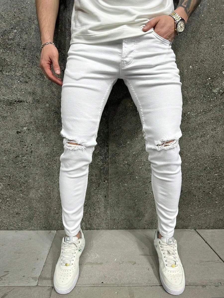 Men's Solid Color Skinny Ripped Jeans - 白色 - 查看 1