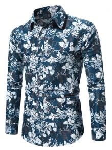 Manfinity Roughcore Men Floral Print Vacation Casual Long Sleeve Shirt, Men Blue And White Floral Button Down Shirt, Fall - Multicolor - View 4