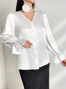 Modelyn Áo cài nút tay áo phía trước cho trang phục hàng ngày - trắng - Xem 4