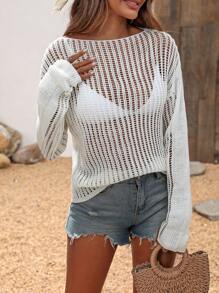 Breezaya Women's Solid Color Round Neck See-Through Sexy Pullover Long Sleeve Sweater