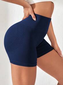 Easithlete Pantalones cortos deportivos con cintura ancha, pantalones cortos azules de mujer, pantalones cortos de sudadera, pantalones cortos de gimnasio, pantalones cortos de ciclista - Azul Marino - Ver 4