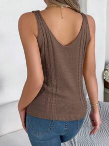 Women Spring/Summer Casual Hollow Knit V-Neck Tank Top - Coffee Brown - View 3