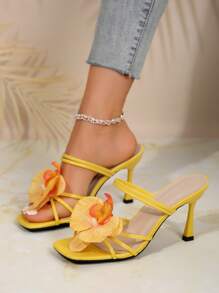 花卉装饰高跟凉鞋，欧美风夏季沙滩一脚蹬女士拖鞋，适合约会、通勤、宴会、聚会 - 黃色 - 查看 6