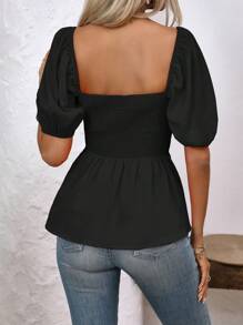 SHEIN Clasi Ladies' Plain Minimalist Pintucked Blouse For Daily Wear Peplum Top - Black - View 2