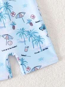 2 件装男婴热带椰子树度假风格泳衣，配有前拉链、防晒帽、蓝色扎染短袖连体衣 - 霧霾藍 - 查看 4