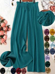 SHEIN LUNE 大碼紙袋腰前打結闊腿褲 - 水鴨藍 - 查看 1