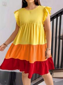 Plus Size Women's Loose Fit Colorblock Round Neck Cap Sleeve Babydoll Dress With Ruffled Hem, Summer - Multicolor - View 6