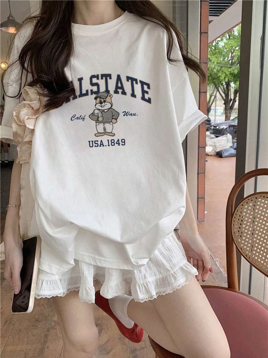 女士休闲宽松字母与卡通图案印花圆领短袖 T 恤，百搭设计，夏季 - 白色 - 查看 1