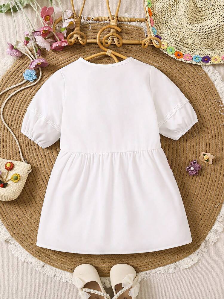 Summer-To-Fall Warm Vacation Style Girls' Dress, Handmade  Print With Lace Decor, New For Spring And Summer Seasons