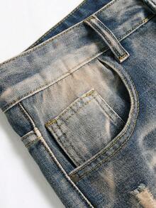 Pantalones cortos de mezclilla para hombre de ajuste delgado y pierna recta con bloqueo de color desgastado - Azul lavado medio - Ver 5
