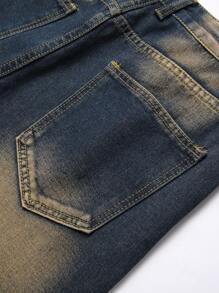 Bermuda Jeans Masculina Slim-Fit com Bloco de Cores Desgastado e Perna Retal Estilo Direto - Lavagem escura - Ver 6