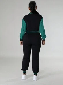 Two Pieces Women's Casual Color Blocked Single Breasted Long Sleeved Jacket Top And Drawstring Pocket Sports Pants Set For Spring And Autumn Wear