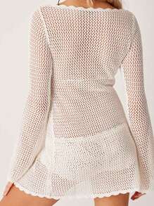 Simple Casual Everyday Long Sleeve Beach Cover Up - White - View 2