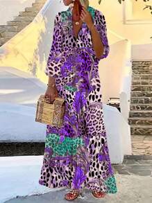 Orange Deep V-Neck Dress, Plus Size, Autumn/Winter - Purple - View 1