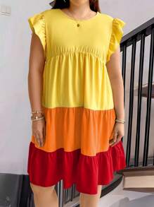 Plus Size Women's Loose Fit Colorblock Round Neck Cap Sleeve Babydoll Dress With Ruffled Hem, Summer - Multicolor - View 4