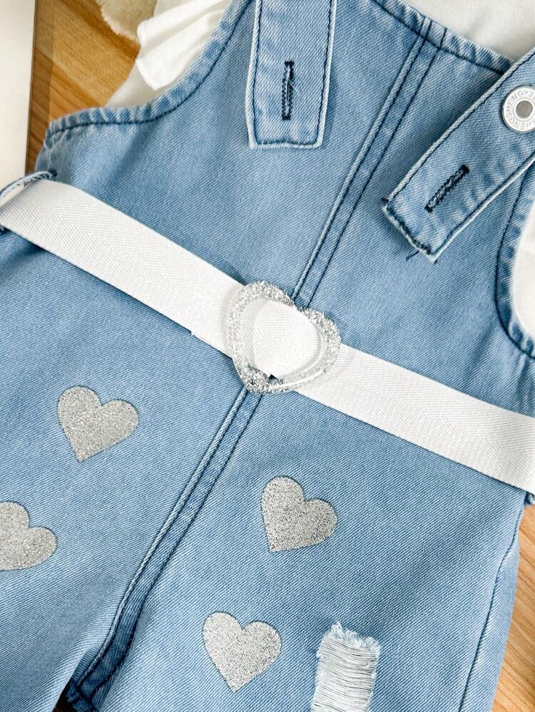 Baby Girl Vacation Casual Solid Color Ruffle Hem Top With Ironed Silver Heart And Distressed Denim Overalls Set