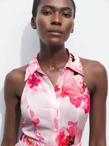 Maija 2025 春夏初秋独立日七月装毕业花卉印花褶皱纽扣前无袖衬衫领迷你连衣裙，女士休闲海滩度假 - 彩色 - 查看 3