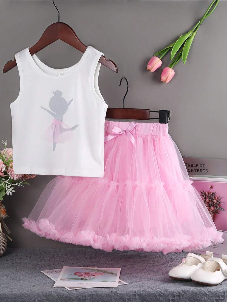 Young Girl Cute Sleeveless Round Neck Dance Young Girl Printed Top And Tutu Skirt Mesh Fluffy Dress Set, Summer