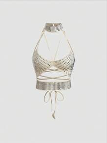 SHEIN Unity 女性時尚交叉綁帶背心上衣，裝飾有鑽石