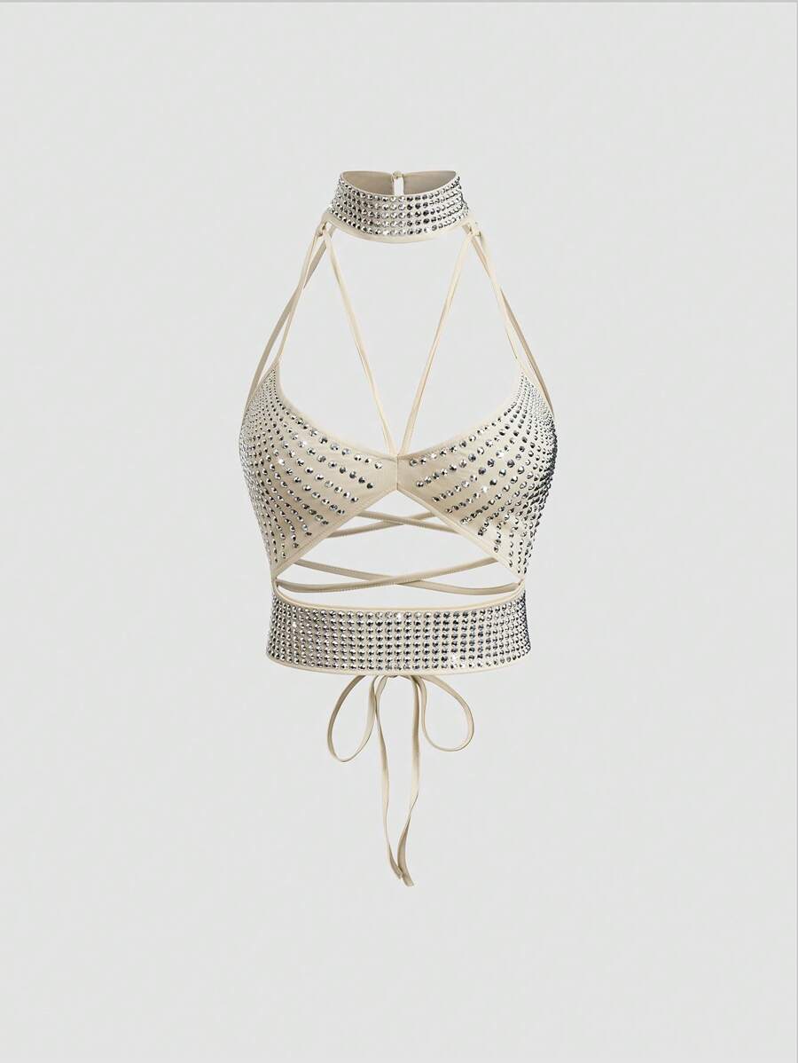 SHEIN Unity 女性時尚交叉綁帶背心上衣，裝飾有鑽石