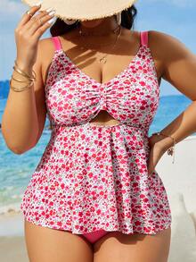 SHEIN VCAY 大尺碼小花束麻花紋夏日沙灘泳衣套裝 - 彩色 - 查看 4