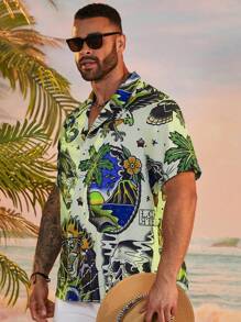 Manfinity RSRT Camisa casual de verano de manga corta con estampado integral de talla grande
