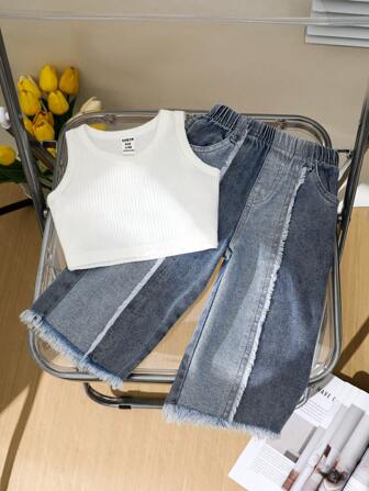 SHEIN Conjunto para bebé niña con top sin mangas liso y jeans