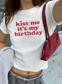 INAWLY Y2k Slogan Printed Cropped T-Shirt For Summer It's My Birthday Graphic Tees Women Tops - White - View 1