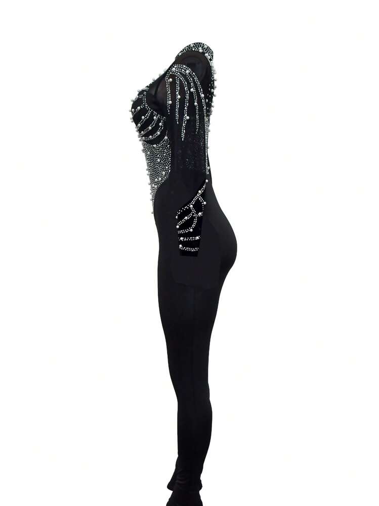 Tuta elegante a maniche lunghe in colore unito, in rete e con strass, adatta per compleanni, lauree, cene, festival, matrimoni, colore nero, primavera - nero - Visualizzare 6