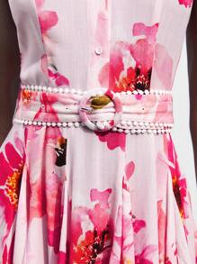 Maija 2025 春夏初秋独立日七月装毕业花卉印花褶皱纽扣前无袖衬衫领迷你连衣裙，女士休闲海滩度假 - 彩色 - 查看 7