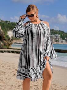 Plus Size Women's Open Shoulder Tie-Dye Printed Loose Shirtdress For Vacation Summer - Black and White - View 1
