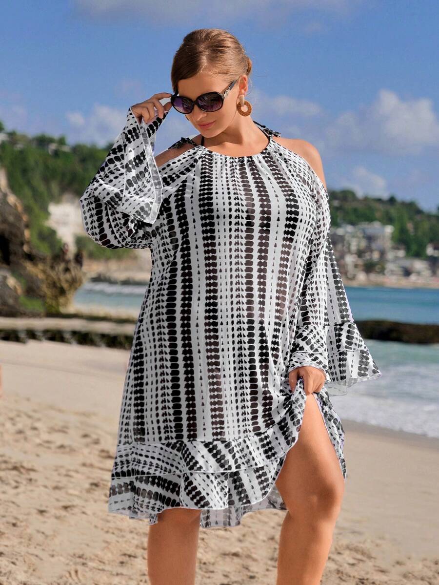 Plus Size Women's Open Shoulder Tie-Dye Printed Loose Shirtdress For Vacation Summer - Black and White - View 1