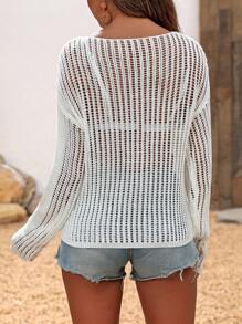 Breezaya Women's Solid Color Round Neck See-Through Sexy Pullover Long Sleeve Sweater