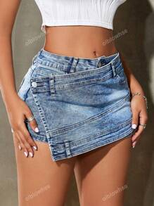 Rave Y2K Street Vintage Stretch Overlap Waist Wrap Solid Asymmetrical Hem A-Line Skinny Mini Denim Skorts