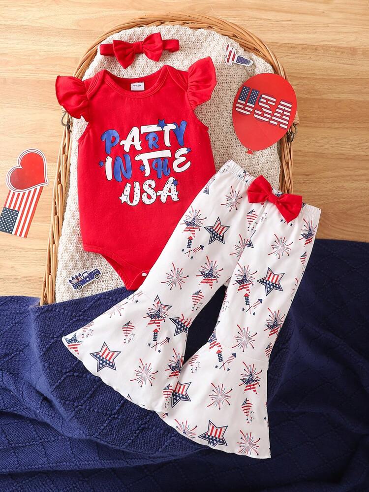 2pcs Baby Girls' Commute Star Printed Short Sleeve Top And Shorts Set, Summer