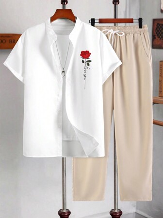 男士花卉印花襯衫＆束口腰帶長褲（不含T恤）