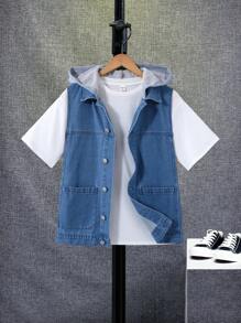 SHEIN 青少年男孩休闲时尚混搭新颖浅色水洗宽松牛仔连帽拼接背心，适合度假和日常穿着，返校季必备 - 彩色 - 查看 1