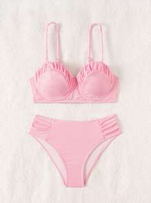 Swim Vcay Summer Women's Solid Color Pleated Sexy Bikini Set For Beach Holiday - Pink - View 3