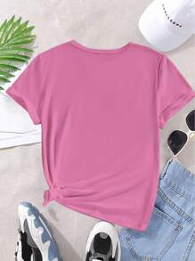 GraphicGems Tween Girl's Summer Smiling Face Leopard Print Short Sleeve Casual T-Shirt - Hot Pink - View 3