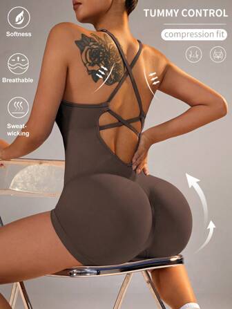 Slayform 여성용 단색 백리스 요가 점프수트