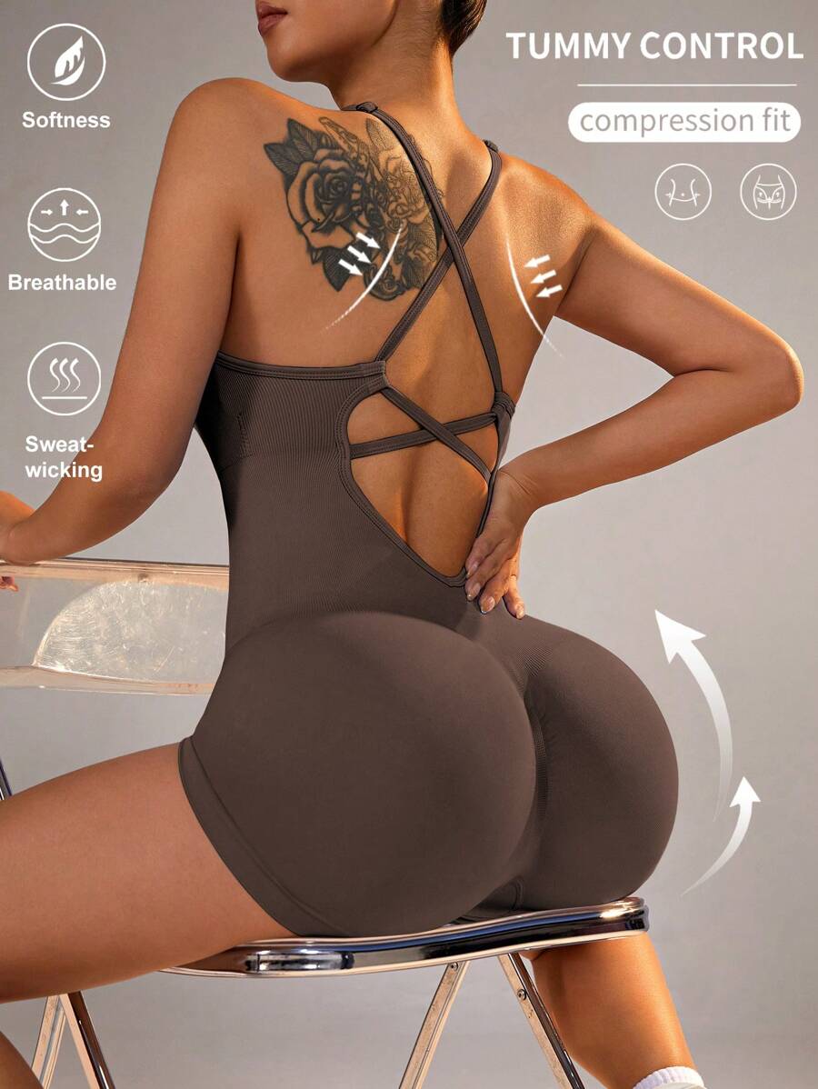 Slayform 女性純色露背瑜伽連身衣 - 棕色 - 查看 1