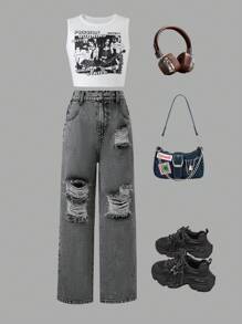 SHEIN Sommerliches Set für Tween Mädchen: Einfaches, bedrucktes Tank Top und ausgewaschene Denim-Hose