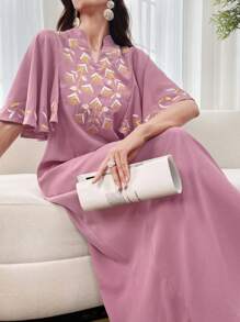 SHEIN Najma 女士花卉刺绣缺口领口荷叶边袖优雅连衣裙 - 粉色 - 查看 2