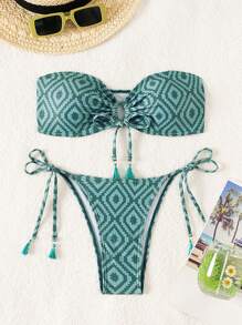 SHEIN Swim Women's Summer Beach Geometric Printed Bandeau Hollow Out Tie Bikini Set - Green - View 1