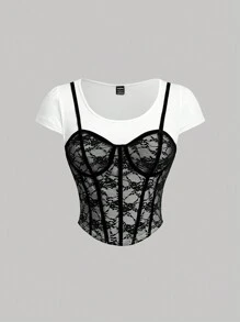 SHEIN MOD 黑白蕾丝女式条纹鱼骨 T 恤、紧身胸衣上衣二合一 T 恤、蕾丝花卉图案女式 T 恤、夏季女式上衣、婚礼 T 恤、夏季 T 恤、老钱风格 T 恤、西部短袖 T 恤、基本款 T 恤、布里奇顿 T 恤