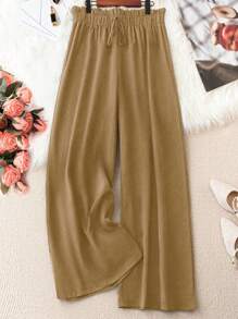 SHEIN LUNE Pantalones de pierna ancha de cintura con volante con nudo delantero
