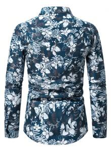 Manfinity Roughcore Men Floral Print Vacation Casual Long Sleeve Shirt, Men Blue And White Floral Button Down Shirt, Fall - Multicolor - View 2