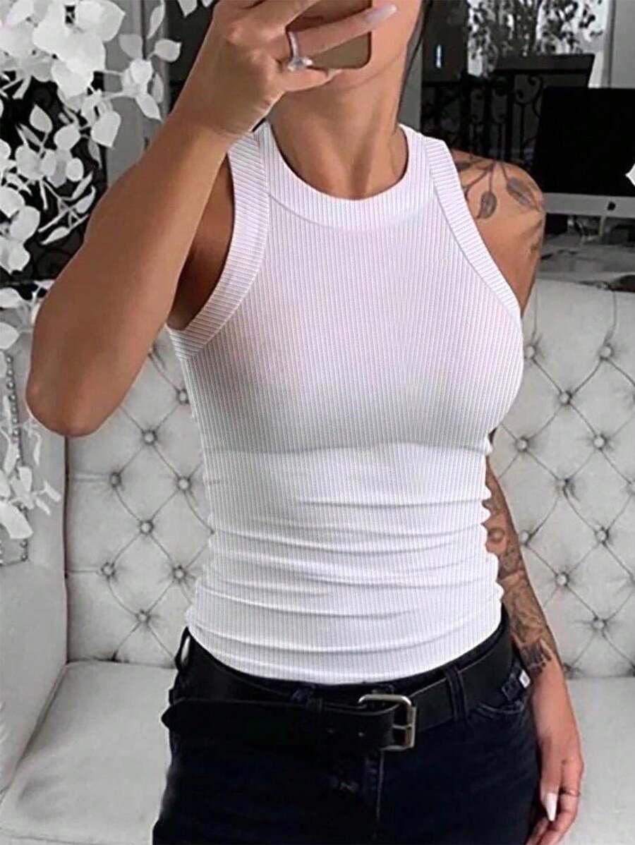 Breezaya Solid Color Slim Fit Muscle Tank Top With Round Neck - White - View 1