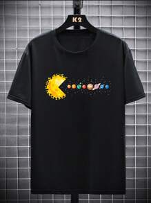 Camiseta casual de manga corta de cuello redondo con estampado de planeta para hombre, holgada