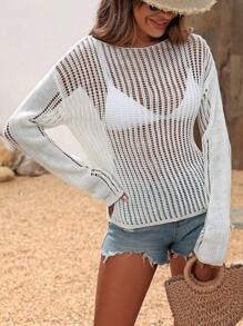 Breezaya Women's Solid Color Round Neck See-Through Sexy Pullover Long Sleeve Sweater
